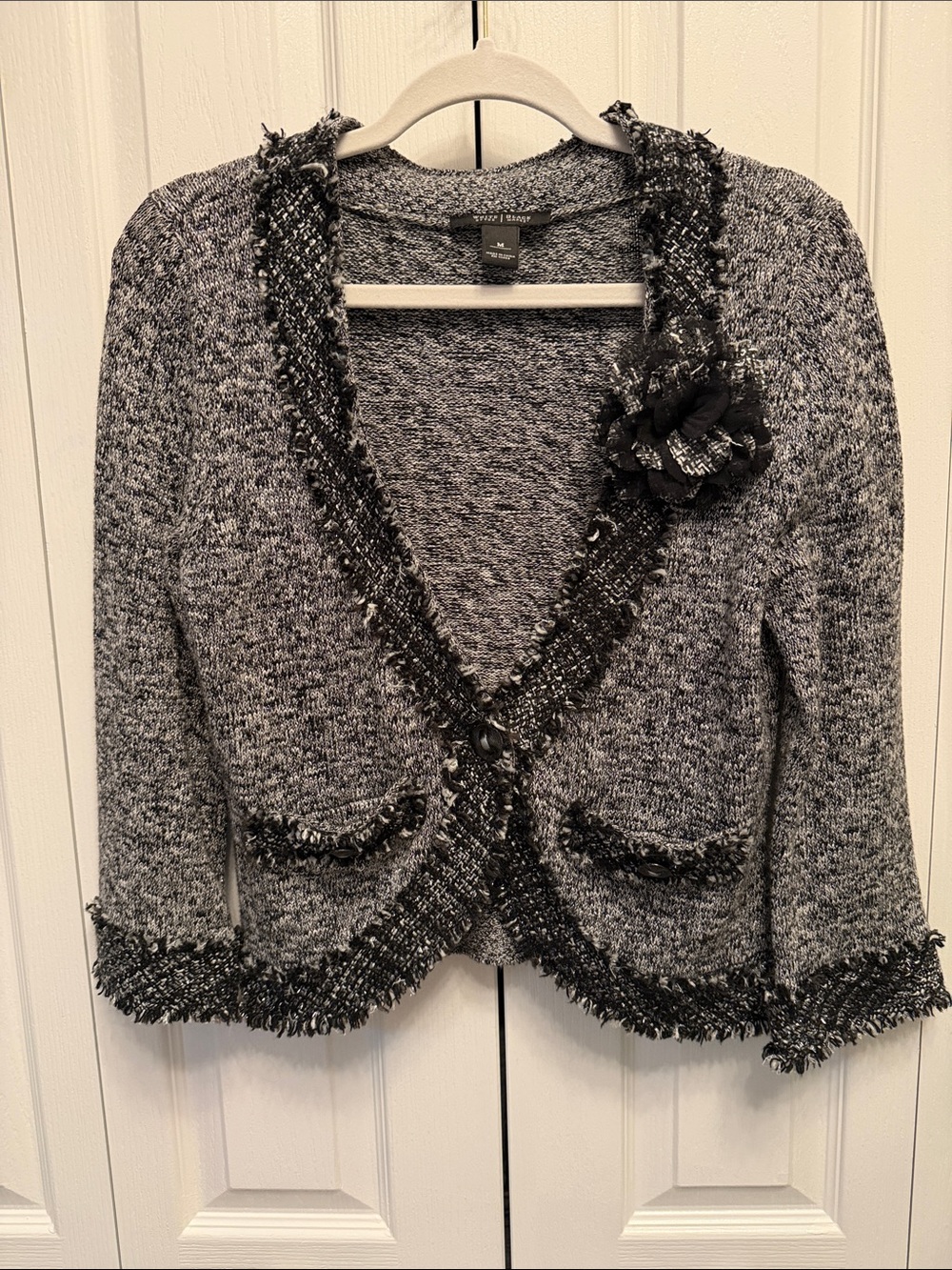 White House Black Market Tweed Fringe Cardigan Jacket Brooch Size M
